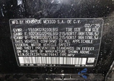 2025 Honda Hr-V Awd Ex-L from USA, damaged, VIN 3CZRZ2H76SM776847